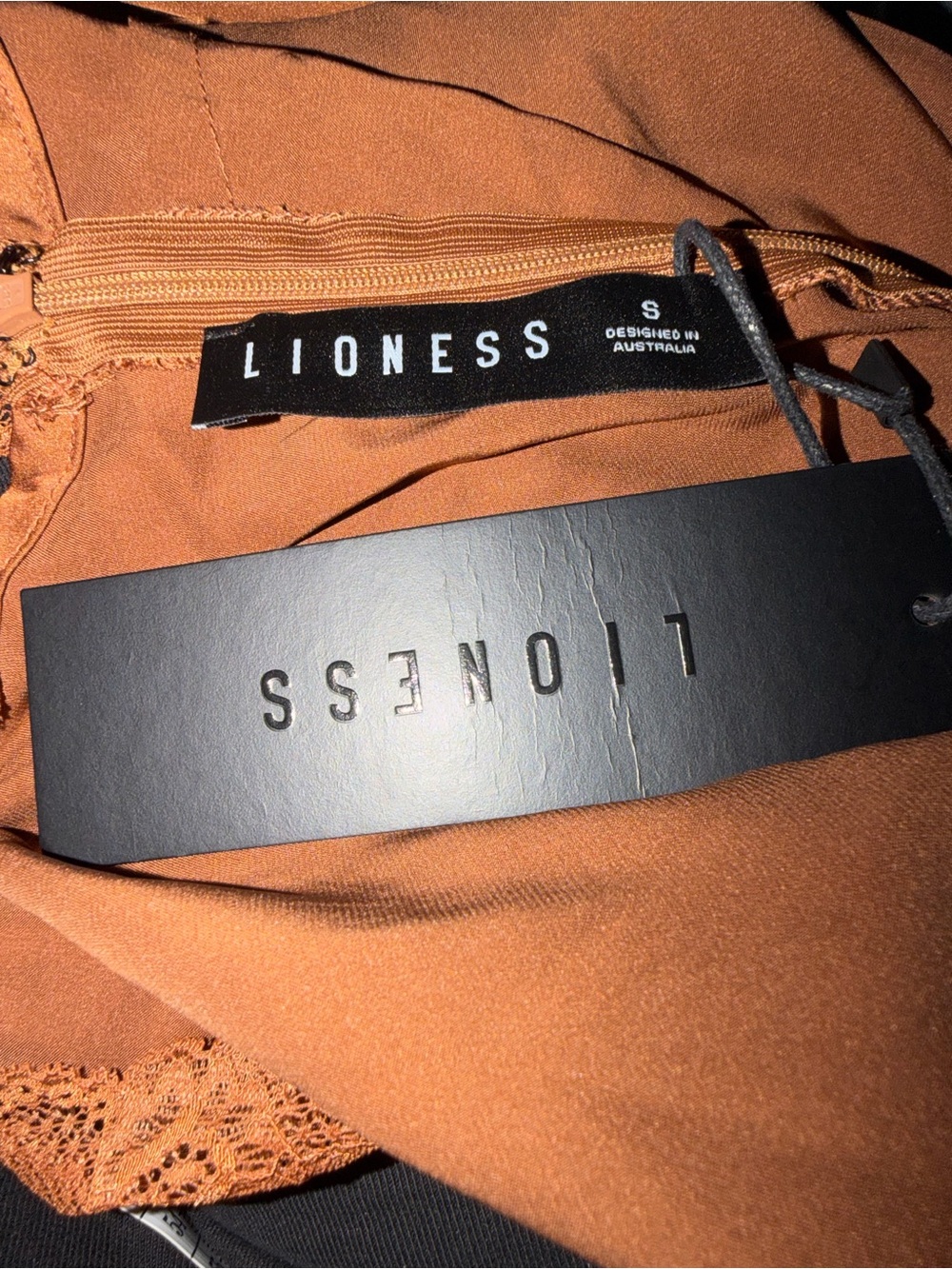 LIONESS Simi Bronze Satin Lace Maxi Dress Small New With Tags - Picture 7 of 8